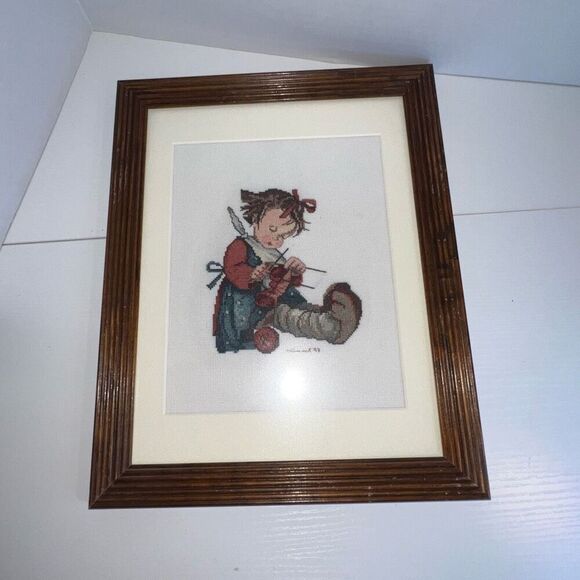 VTG Hummel Framed Cross Stitch Hand Sewn Wood Frame Glass Front Knitting Stitche - Picture 1 of 6